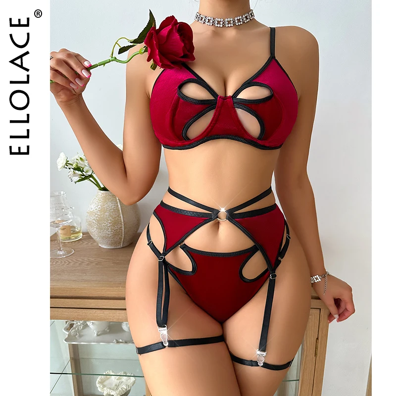 

Ellolace Velvet Sexy Lingerie For Fine Women Cut Out Bra Garter Intimate Hot Red Bilizna Sexy Erotic Fancy Underwear Sensual Set