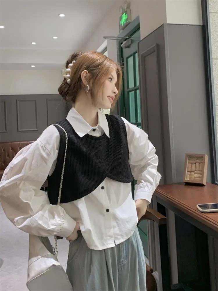 Sweaters And Shirt Women Cardigans Two Piece Set Comfortable Turn-Down Collar Cropped Sweater Button Single Breasted Top