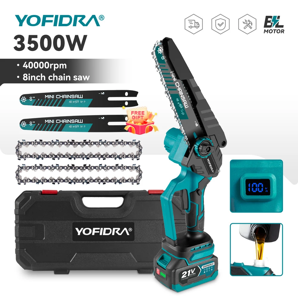 YOFIDRA 8 Inch Brushless Electric Chainsaw Cordless Woodworking Pruning Saw Garden Cutting Power Tool For Makita 21V Battery Pin