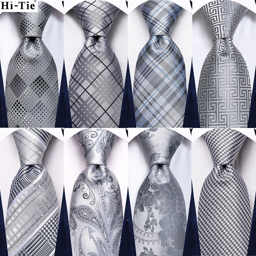 

Hi-Tie 2023 New Fashion Brand Tie for Men New Design Striepd Silver Grey Wedding Party Necktie Handky Cufflinks Gift Wholesale