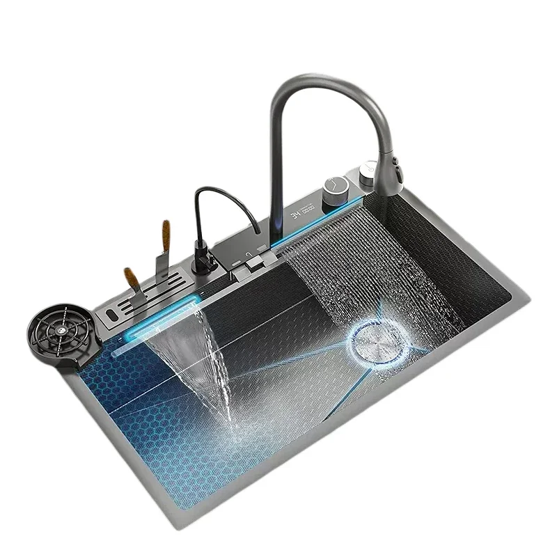 

Waterfall Kitchen Sink Digital Display Single Bowl Kitchen Sinks Multifunctional Mordern Smart Sinks with Two Waterfall