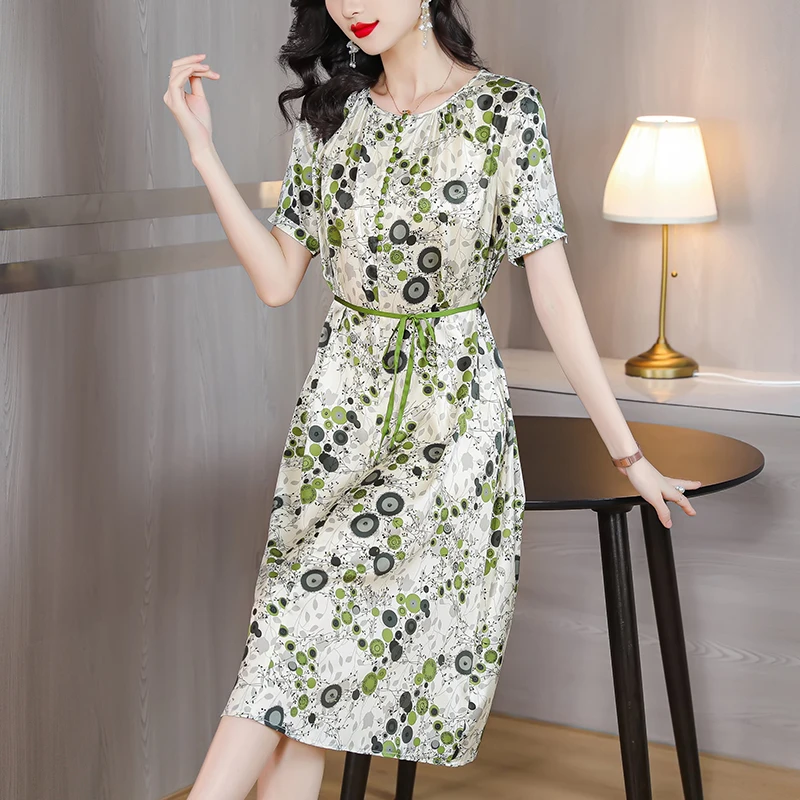

2023 New Fashion Silk Short Sleeve Printed Dress Women's Summer Elegant Round Neck Loose Fit Fragmented Flower Dress Vestidos