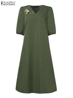 ZANZEA Women V Neck A-line Vestidos Solid Holiday Casual 2024 Summer Dresses Commute Half Sleeve Floral Embroidery Midi Dress - Image 4