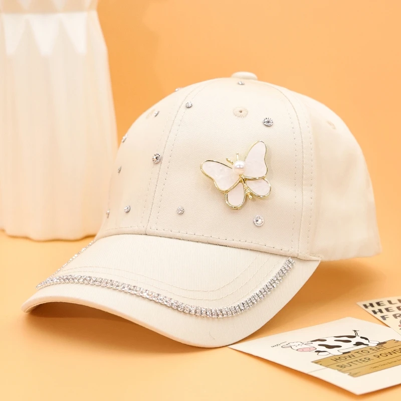 Girls Pearl Butterfly Rhinestone Breathable Baseball Cap Kids Summer Breathable Duck Tongue Hat Princess Outdoor Sun hat