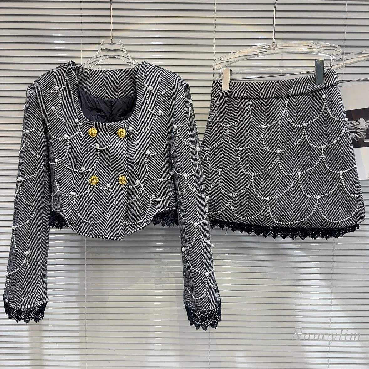 

2023 Winter Grey Skirt Sets Lady New Pearl Wave Lace Cotton Lining Short Coat + Skirt Women's Outfit Office Daily Buy Separately