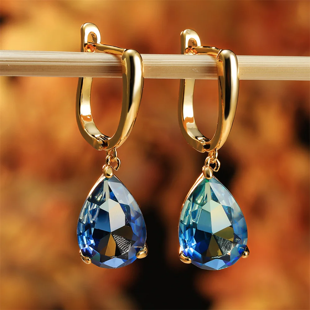 Blue Green Crystal Zircon Water Drop Stone Hoop Earrings For Women Vintage Gold Color Ear Buckle Wedding Jewelry Versatile Gifts