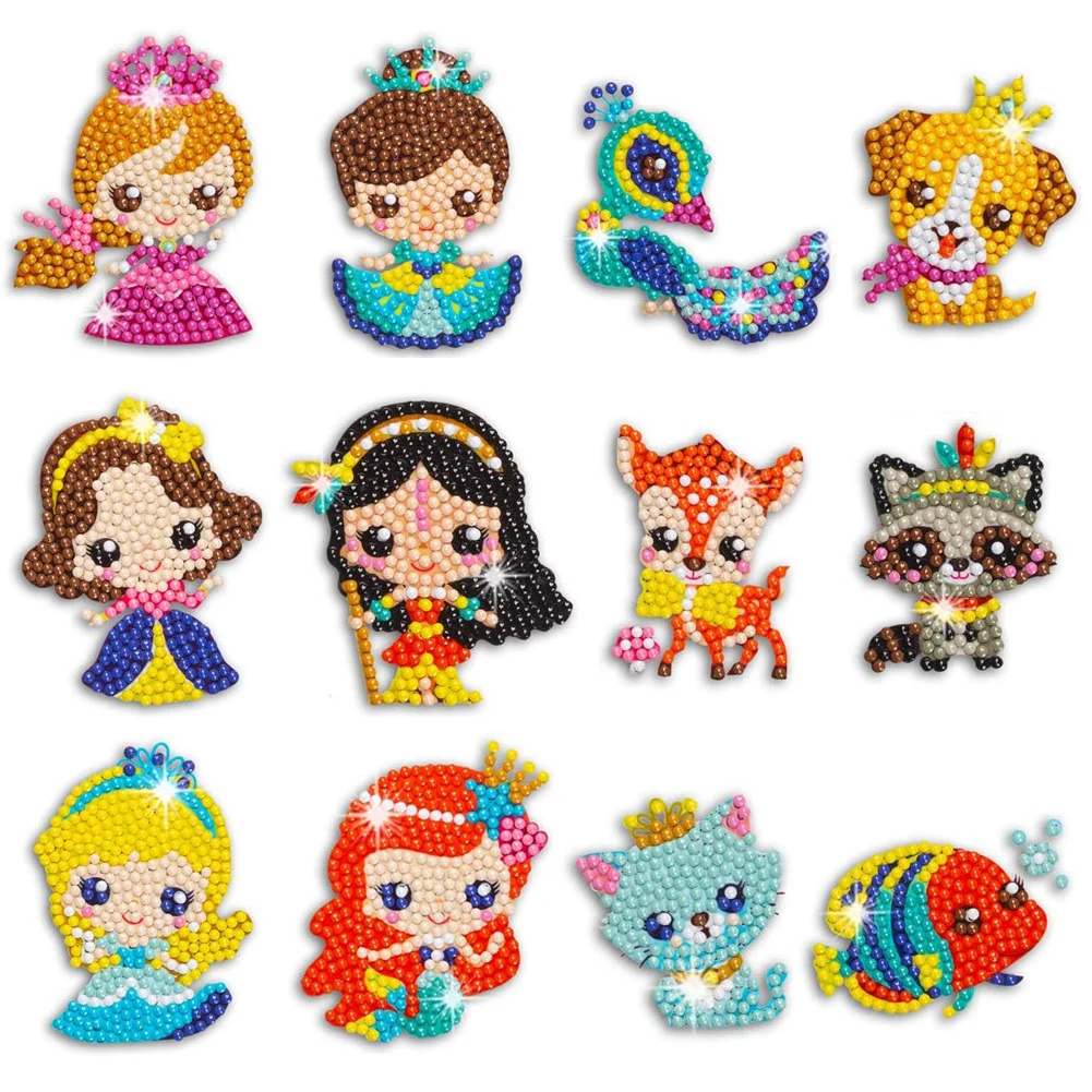 

12pcs Cartoon Princess 5D DIY Diamond Painting Stickers Kits for Kids Paint with Diamonds by Numbers Easy to DIY Cute Stickers