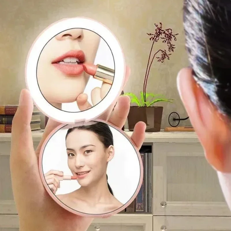Makeup Mirror Mini LED Light Foldable compact mirror With luminous circle Portable USB handheld makeup