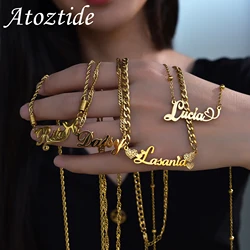 Atoztide Personalized Custom Name Necklaces for Women Stainless Steel Wave Chain Collares Pendant Mother Kids Jewelry Gift