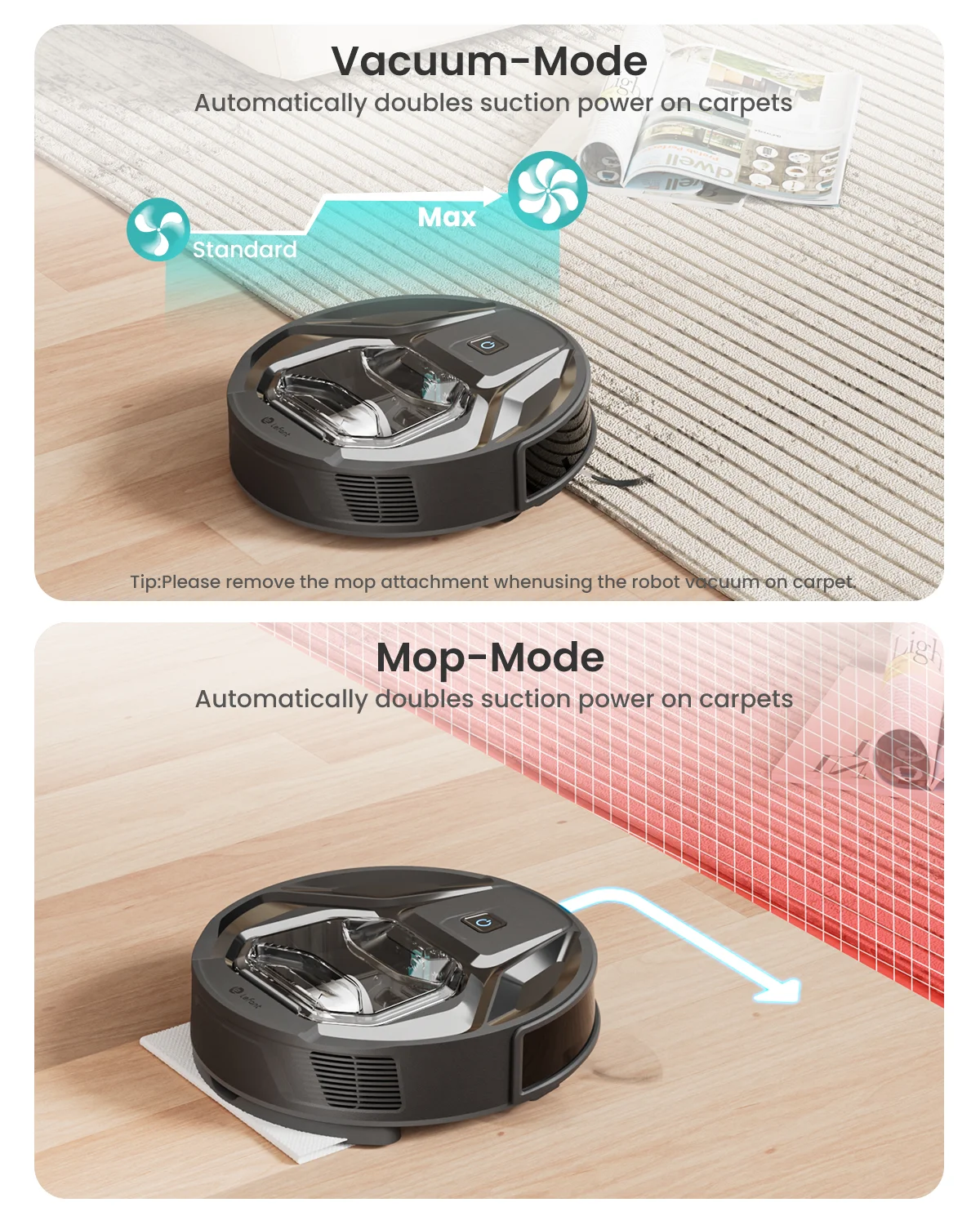 Lefant M320 6000Pa Powerful Suction Robot Vacuum Cleaner with Mop ,210 Mins Runtime,800ML Visible Dustbin,Carpet Detection 5
