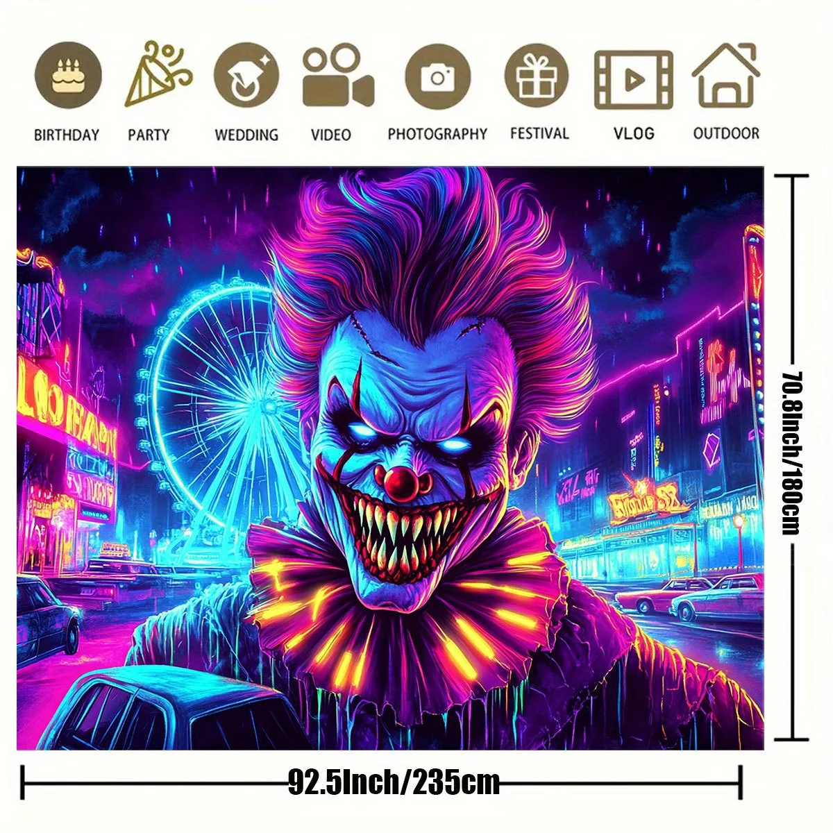 Ein lebendiger Punk-Clown-Karnevalshintergrund – eine Neon-Nachtansicht mit Riesenrad und Vintage-Autos – Detail 4