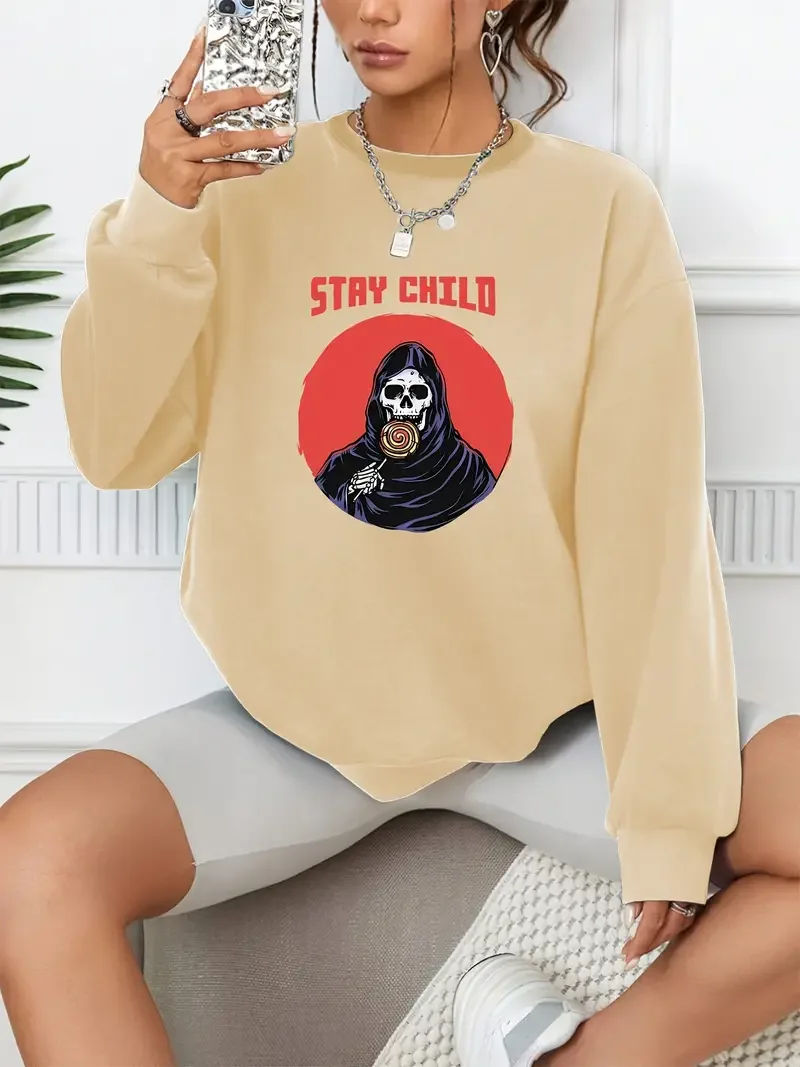 Stay Child Print Casual Loose Fashion Long-Sleeved Pullover Solid Color Women's Swearshirts