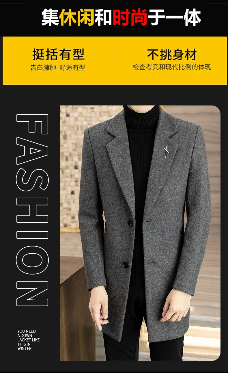 Description Picture 4 of itemWinter Thickened Warm Long Woolen Jackets Men's Solid Color Slim Casual Business Trench Coat Windbreaker Overcoat Men Clothing