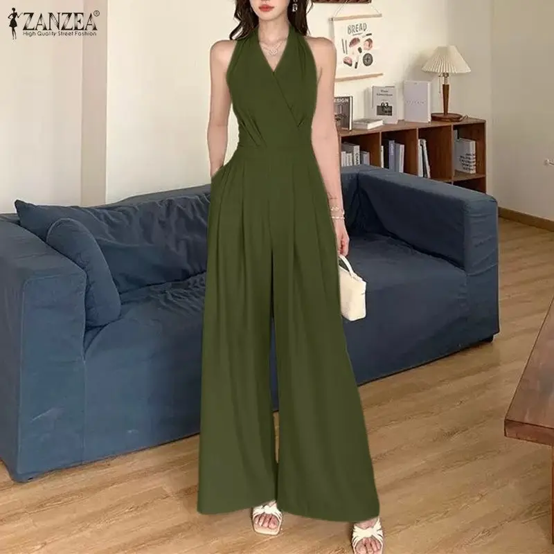 Fashion Summer Women Jumpsuits Sleeveless ZANZEA Solid Wide Leg Pants V Neck Party OL Work Overalls Long Playsuits Streetwear 2