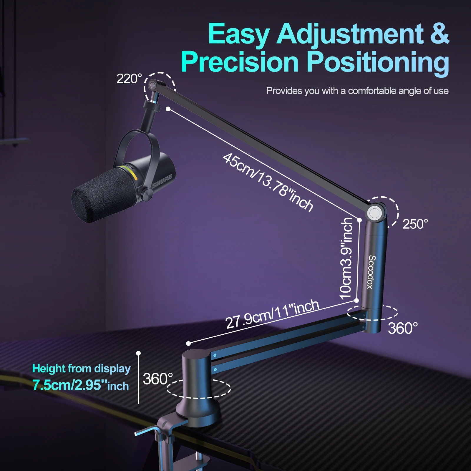 Boom Arm 360&deg; Rotatable Low Profile Microphone Stand 4-Use Foldable Mic Arm Holds Up to 1.5kg with 3/8'' to 5/8'' Screw Adapt