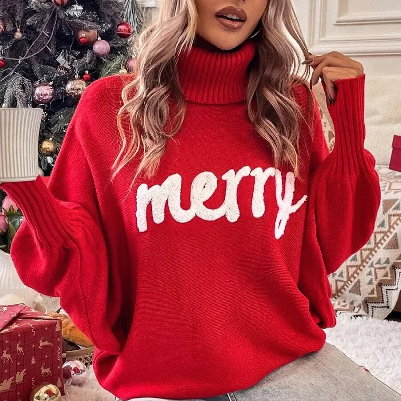 

Christmas Women Warm Thick Sweater Letter Printed Turtleneck Batwing Sleeve Jumpers 2023 Fall Winter Casual Workout Activewears