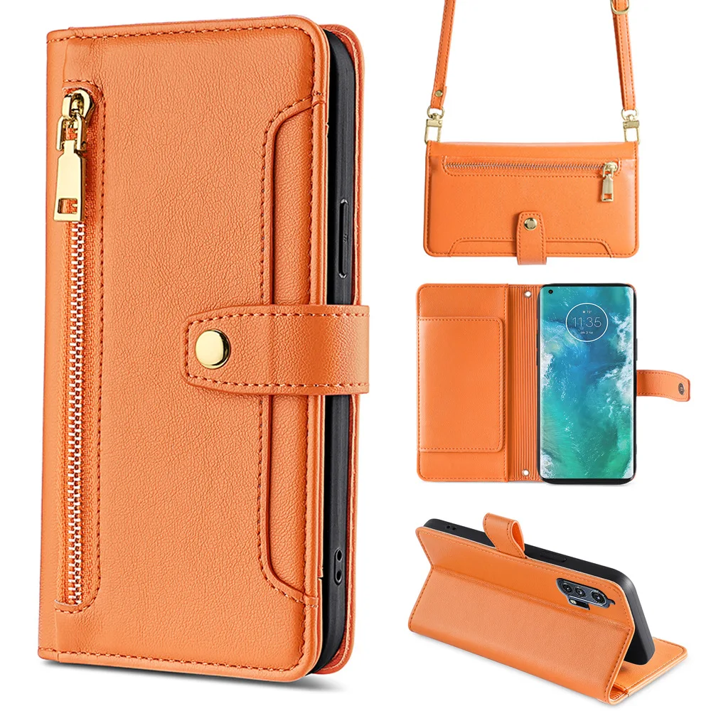 Luxury Leather Crossbody Zipper Flip Case with Multi-Card Storage and Lanyard Wallet Design
