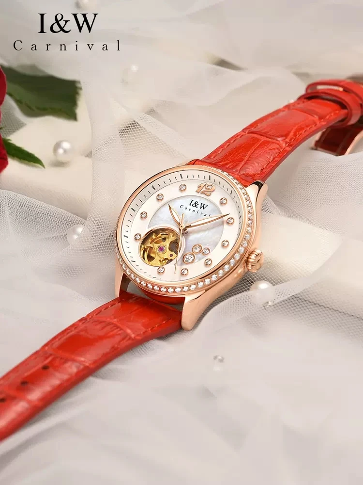 CARNIVAL Brand IW High-End Series MIYOTA Mechanical Watch for Women Leather Skeleton Sapphire Ladies Wriswatch Gift For Female
