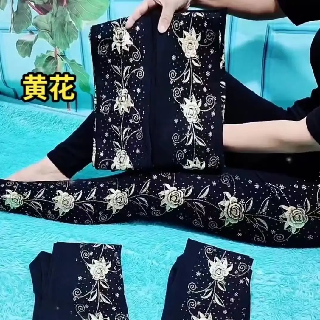 

Floral Sequin Print Black Women's Leggings Pants High Waist Plus Size Pencil Trousers