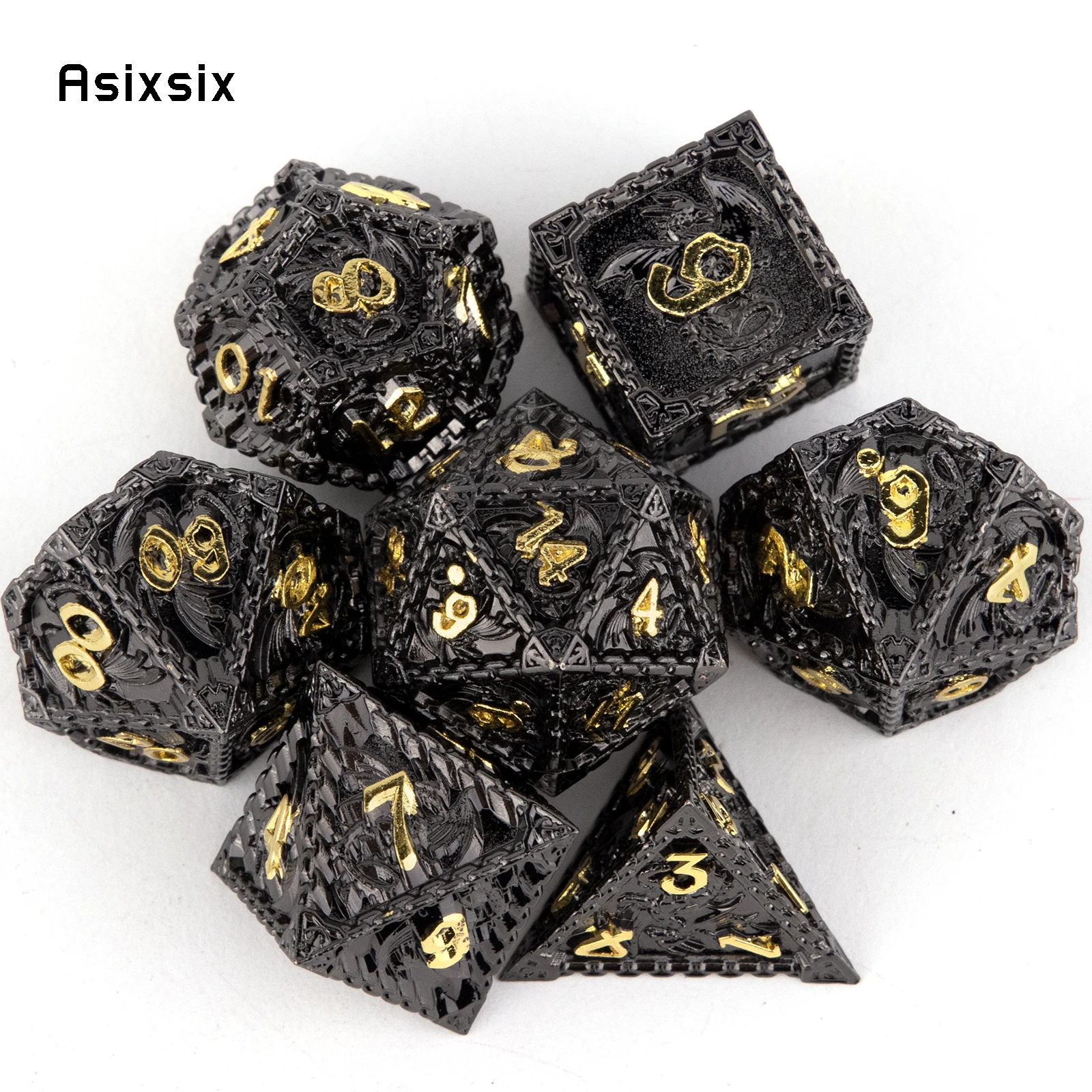 

7 Pcs Black Golden Dragon Metal Dice Solid Metal Polyhedral Dice Set Suitable for Role-Playing RPG Board Game Card Game