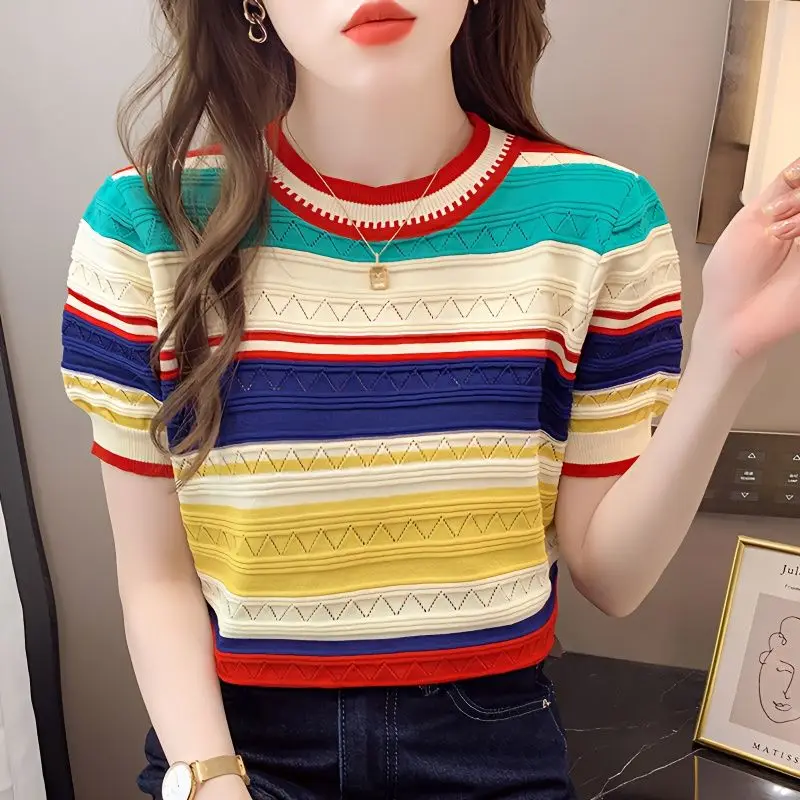 

Summer Thin Striped Knit Color Pullover Sweater Women Casual Fashion Loose Tees T-shirt Short Sleeve O-neck Ladies Knitwear Tops