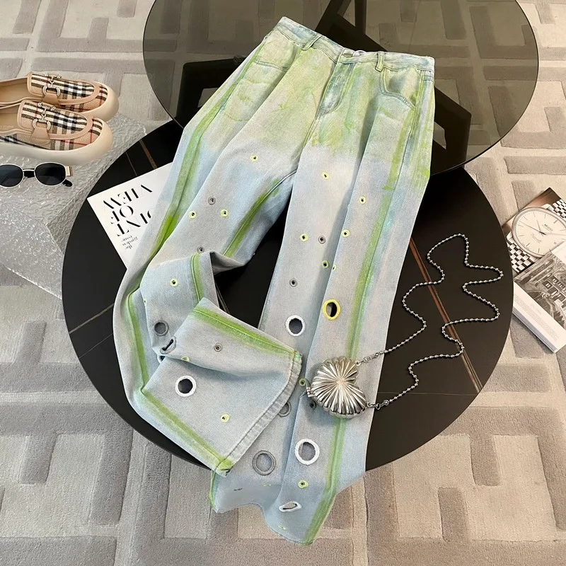 Denim Planet 2024 High End Trendy New Fashion Casual Slim Fit Summer New Wide Leg Metal Circular Looped Jeans