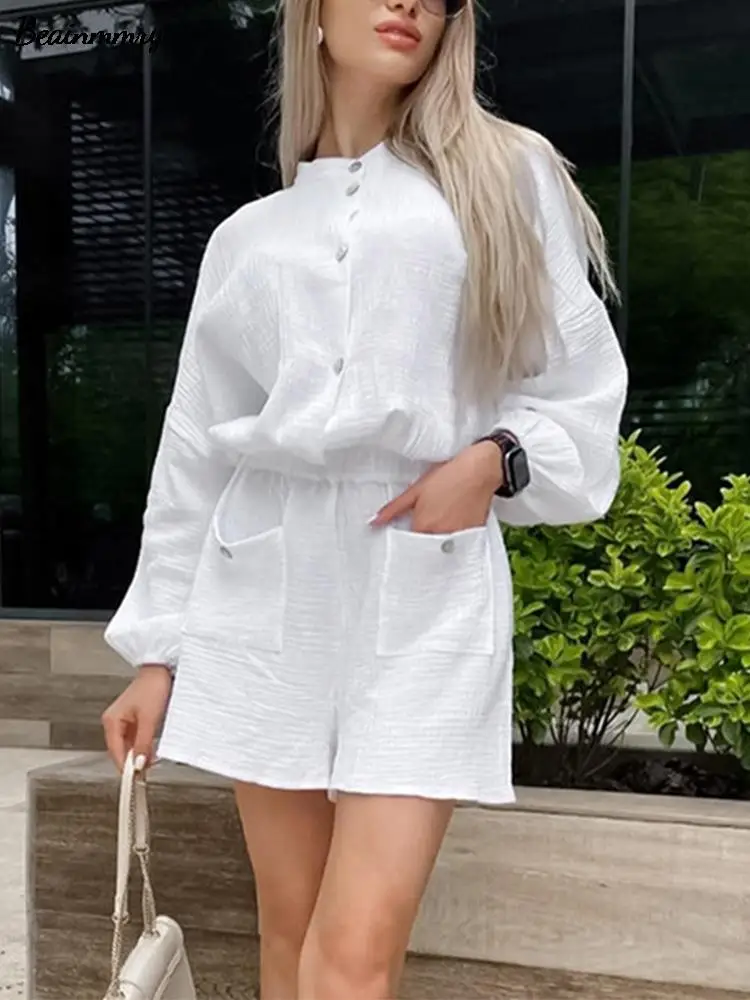 

Women Casual Solid Cotton Shorts Jumpsuit Female Fashion O Neck Button Shirt Romper 2022 Summer Short Sleeve Pocket Overalls