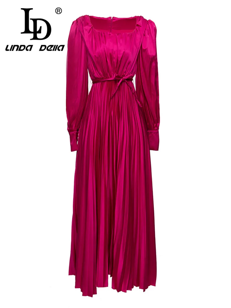 

LD LINDA DELLA 2023 Summer Fashion Designer Dress Women's Red Long Sleeve High Waist Frenum Draped Elegant Party Dress
