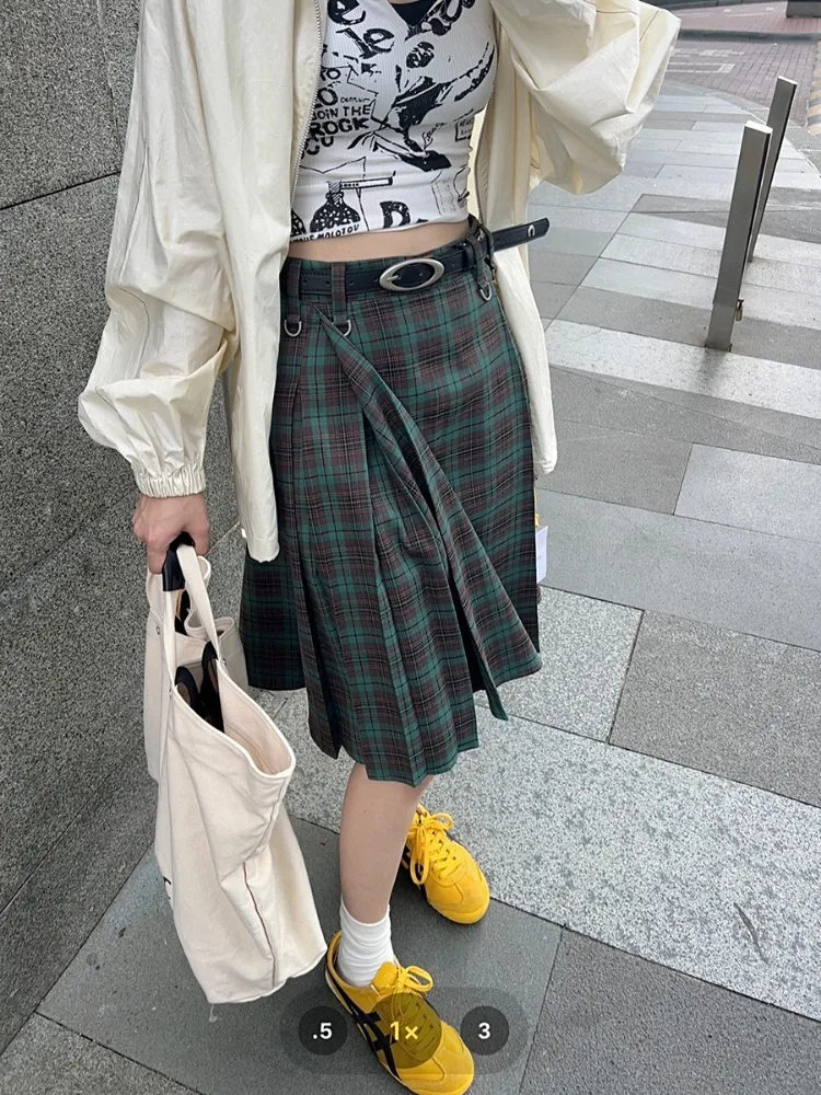 ADAgirl Vintage Plaid Midi Skirt Women American Retro Pleated A-line High Wasit Skirts Summer Fashion Uniform Aesthetics Clothes
