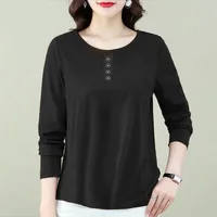 2023 Autumn Women Clothes Retro Simple Casual Button Loose Basic T Shirt Female Solid Color Round Neck Long Sleeve Pullover Tops 3