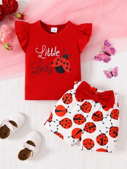 0-24M Infant Baby Girl Little Lady Ladybug Print Ruffle Short Sleeve Tee & Bowknot Shorts Outfit Set 1