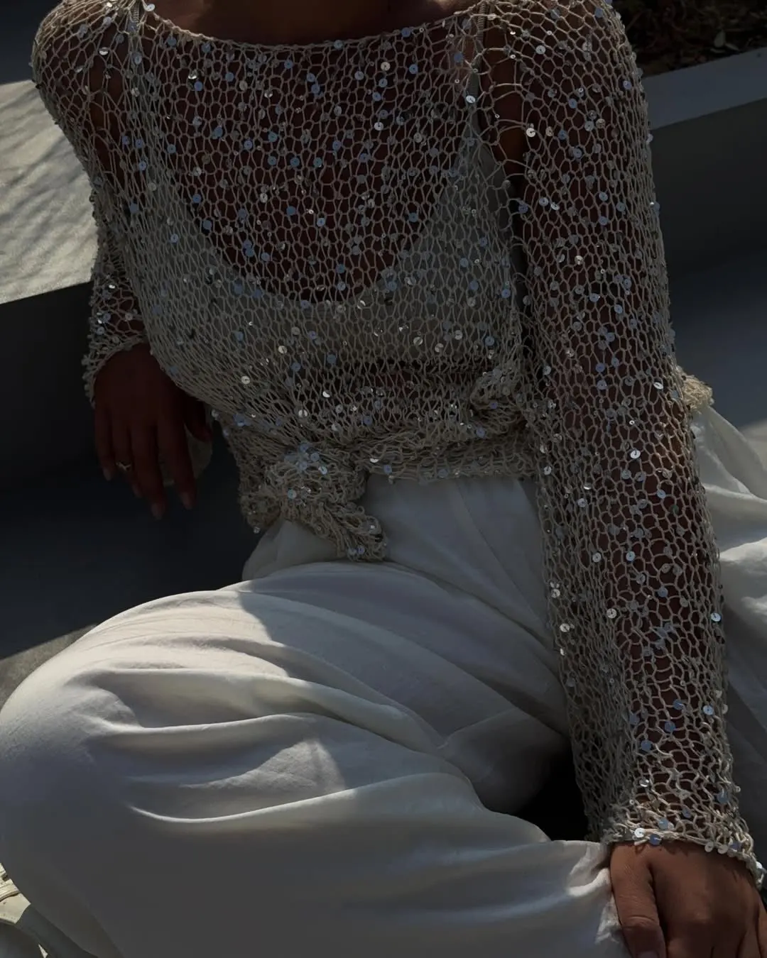 Beige Sequin Hollow-Out Pullover Top for Effortless Chic photo review