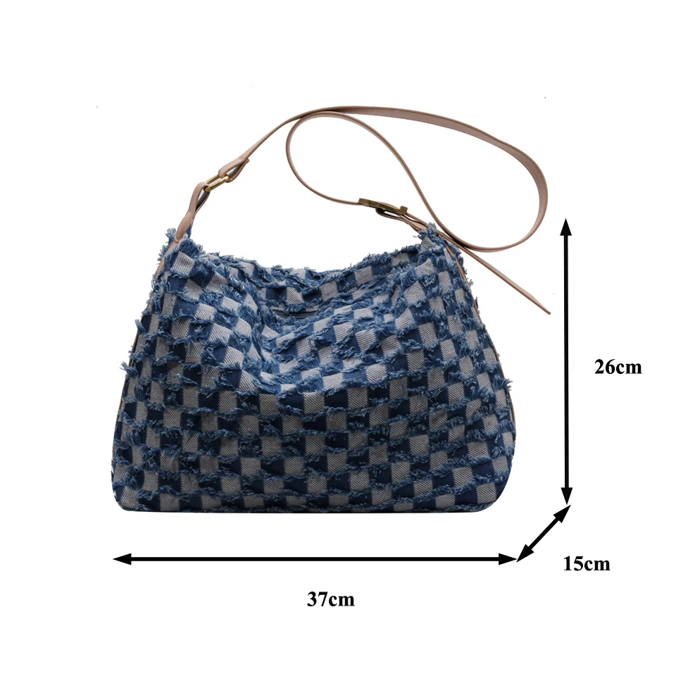 Checkered Women's Bag 2023 New Jeans Eco Bag Korean Shopping Denim Shoulder Cross Bag Large Messenger Bag Y2K PU Belt Satchel