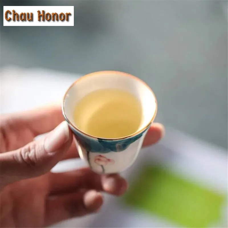 2pc/lot Lotus Handpainted Ceramic Cup Tea Cup Coffee Mug Pottery Cups Teacup Master Tea Mug Container Drinkware Decor Craft 45ml