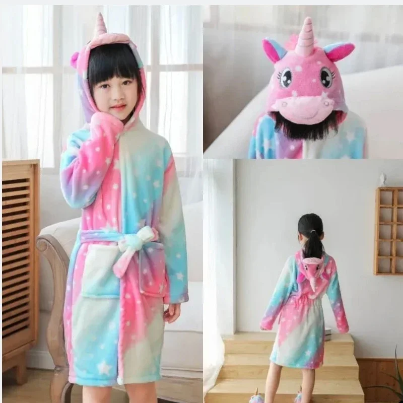 Kigurumi Children Bathrobe Baby Bath Robe Animal Rainbow Unicorn Hooded Bathrobes For Boys Girl Pyjamas Nightgown Kids Sleepwear