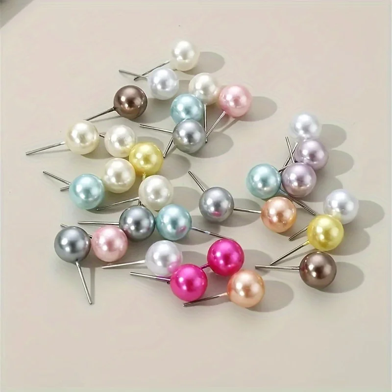 Elegant Colored Imitation Pearl Stud Earrings Korean Charm Ball Bead Earrings Women's High-end Banquet Jewelry Gifts 15 Pairs
