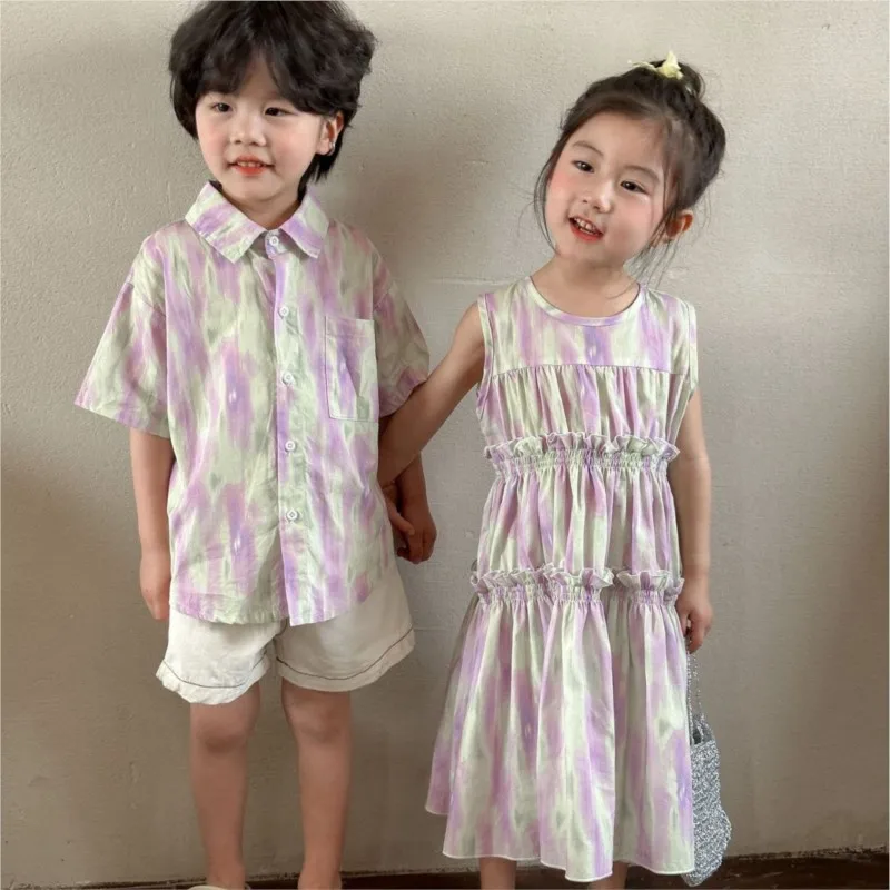 

Summer Kids Boys 2PCS Clothes Set Cotton Thin Polo T-shirts Solid Shorts Suit Contrast Ruffle Bandhnu Children Girls Sundress