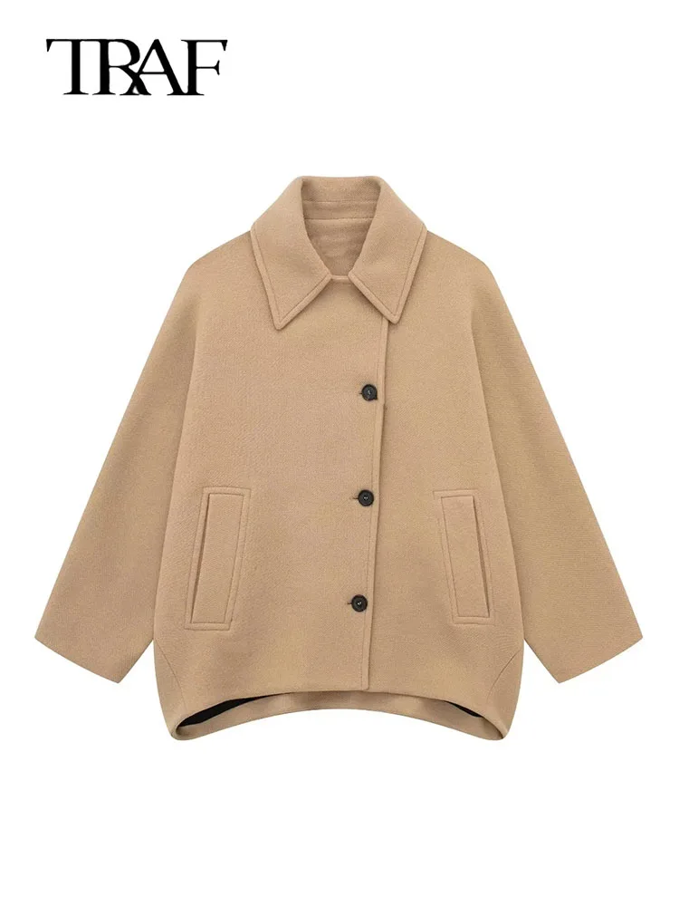 

TRAF Women Turn Down Collar Jackets Spring Autumn Women Long Sleeve Single Breasted Coat Female Loose Jacket