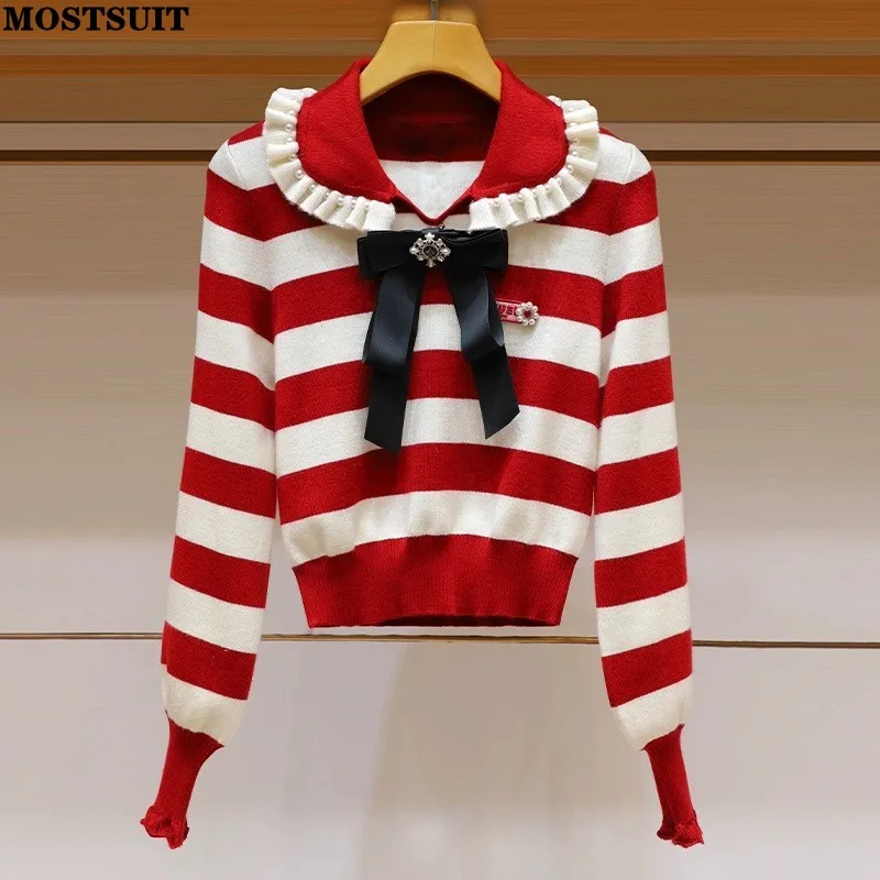 

Stylish Elegant Striped Knit Sweater Women Beaded Peter Pan Collar Bowtie Long Sleeve Pullover 2023 Autumn Fashion Chic Knitwear