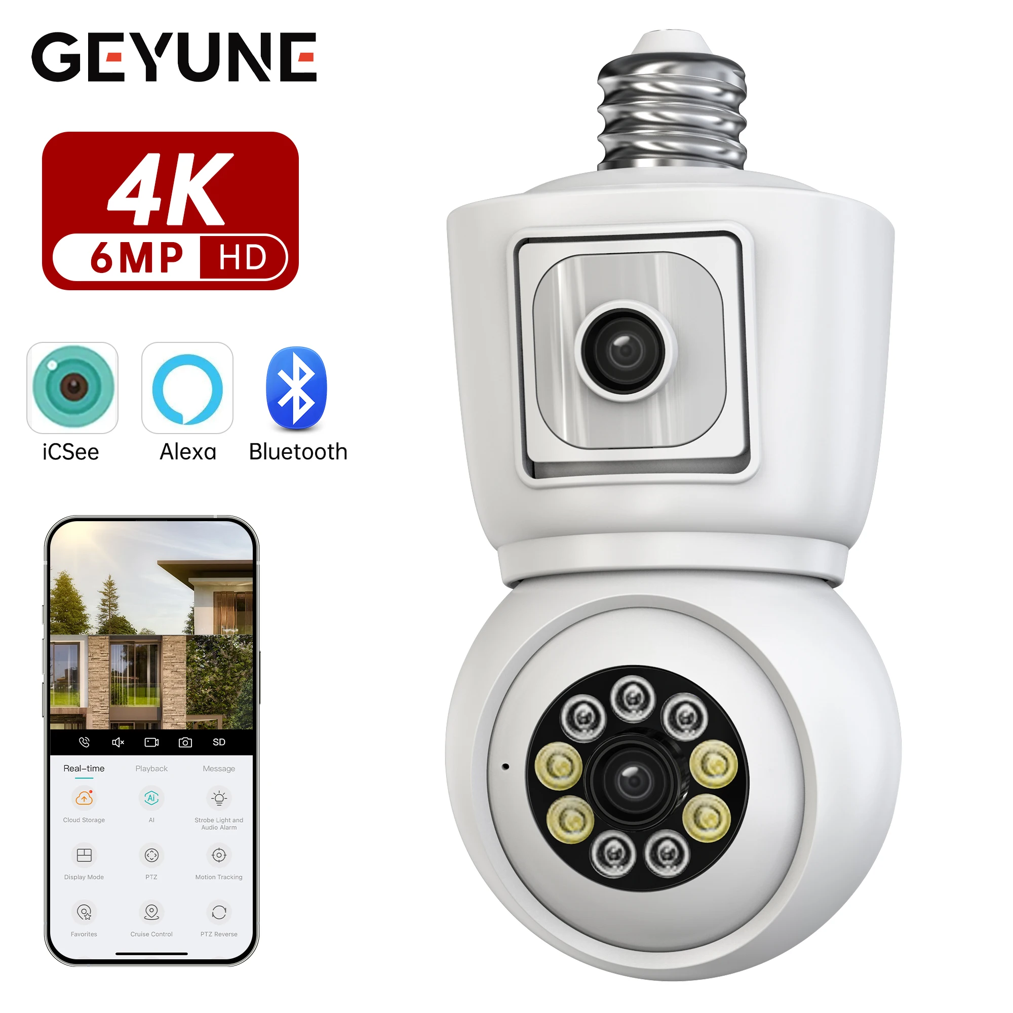 8MP E27 Bulb WiFi Camera 4K Dual Lens Dual Screen Cam Auto Tracking Two Way Audio Night Vision CCTV Security Protection ICSEE 1