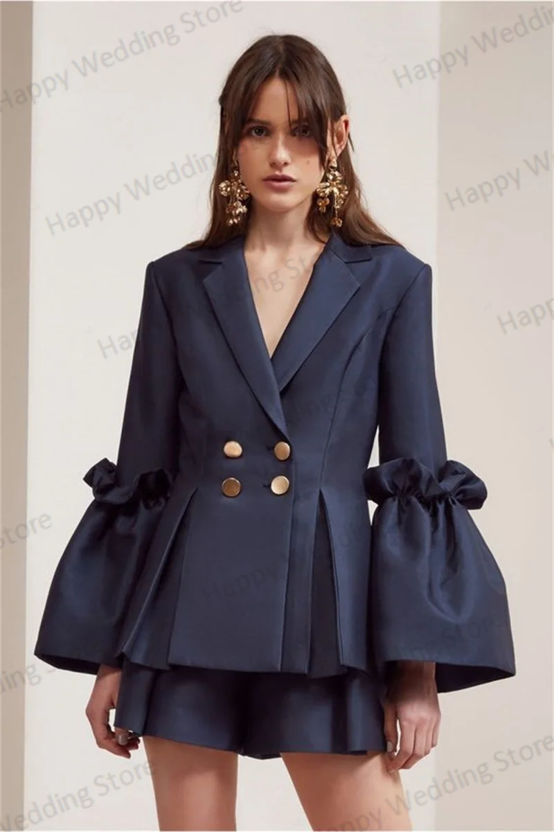 

Navy Blue Women Suits Set 2 Pieces Blazer With Bell Sleeves+Short Pants Fashion Prom Dress Double Breasted Custom Made Jacket