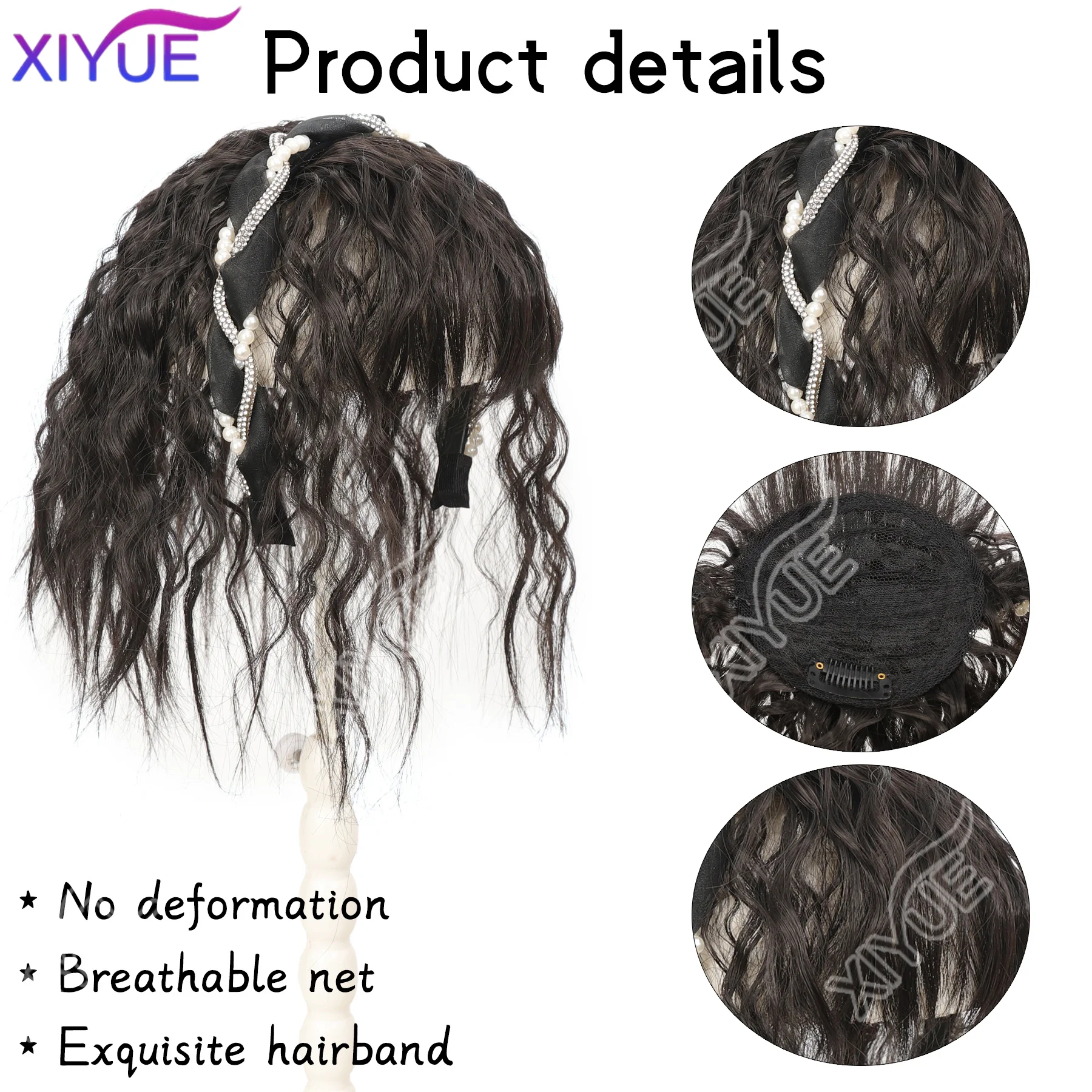 XIYUE Hairband wig bangs wig female one natural curly hair covered white hair on the top of the head thin bangs wig piece