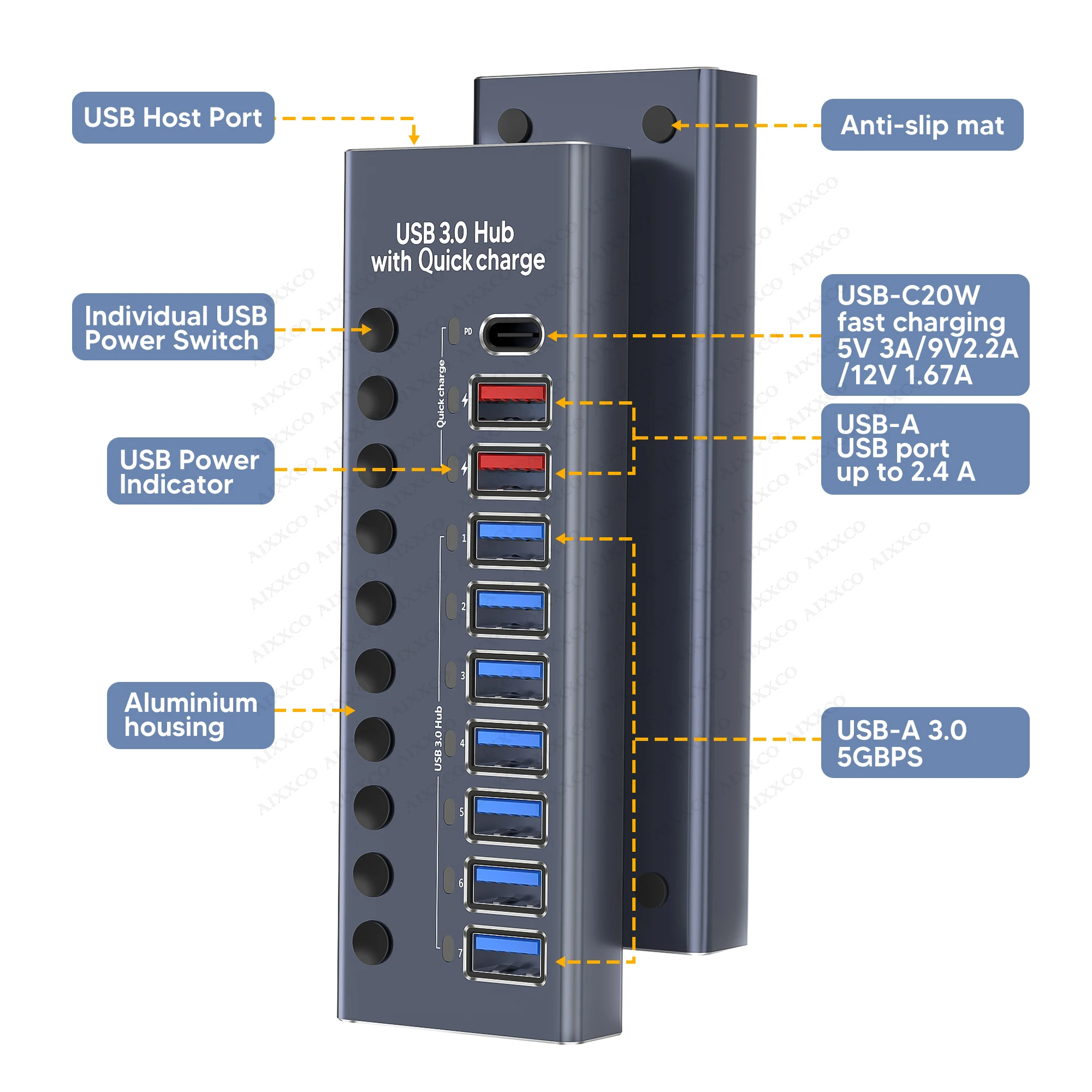 AIXXCO USB 3.0 Hub Splitter Socket with Multi USB PD charging Port Slot Plug On-Off Key Switch Dock Power Adapter for PC Lapto 3
