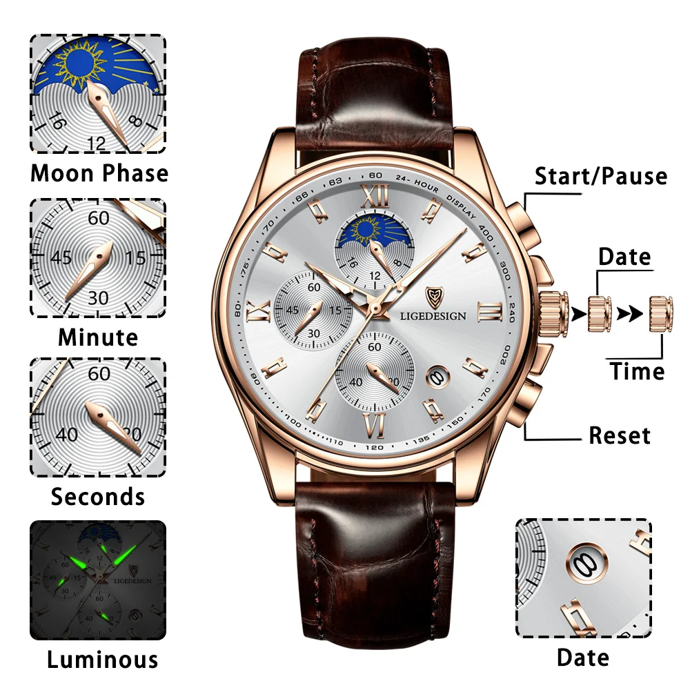 LIGE Top Brand Luxury Mens Watch Fashion Leather Man Wristwatch Sport Casual Watch For Men Waterproof Chronograph Luminous Clock