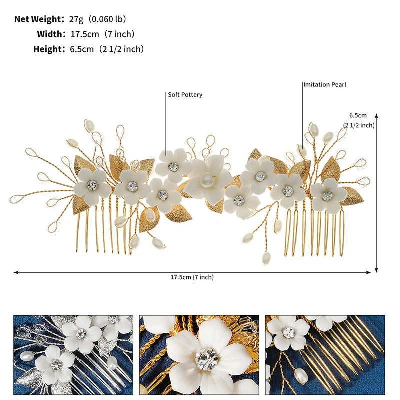 Floralbride Handmade Crystal Rhinestones Pearls Ceramic Flower Bridal Hair Comb Wedding Headpiece Hair Accessories Women Jewelry