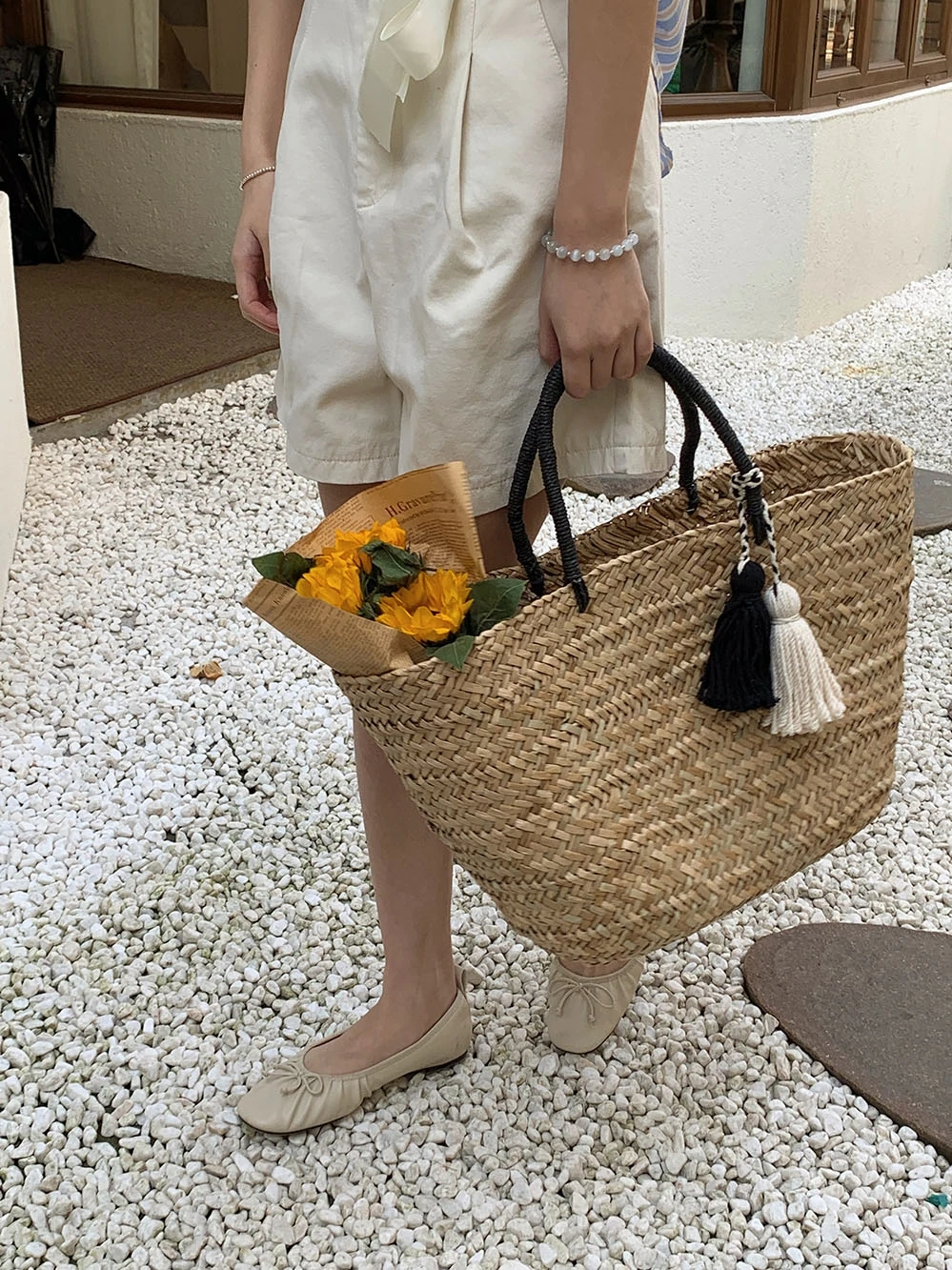 outersunset abaca basket bag BROWN（大） 女性のための籐の