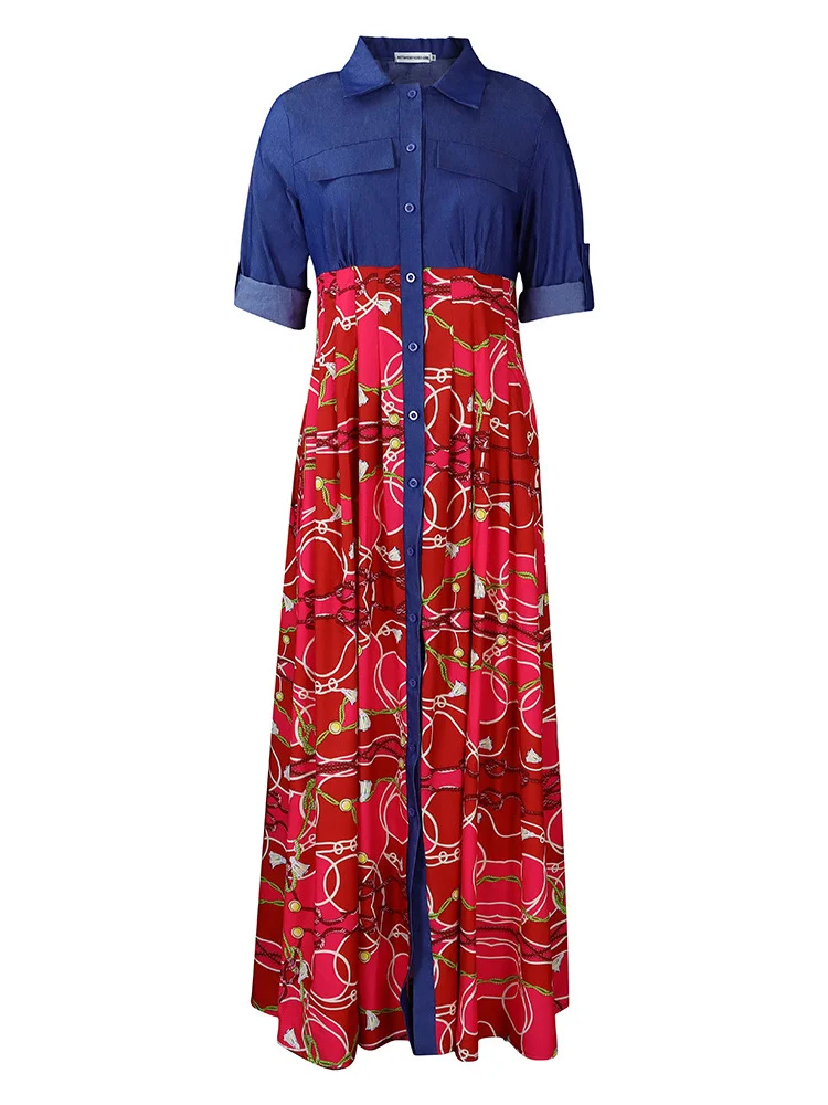 Wmstar Women Dress Summer Fashion Denim Patchwork High Waist Elegant Office Lady Long Maxi Dresses Wholesale Dropshipping S-3XL