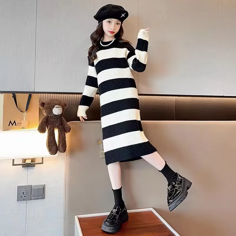 

Fashion Autumn Winter Teenager Girls Kids Knit Sweater Long Dresses Princess Striped Clothes Children 4 5 6 7 8 9 10 11 Year