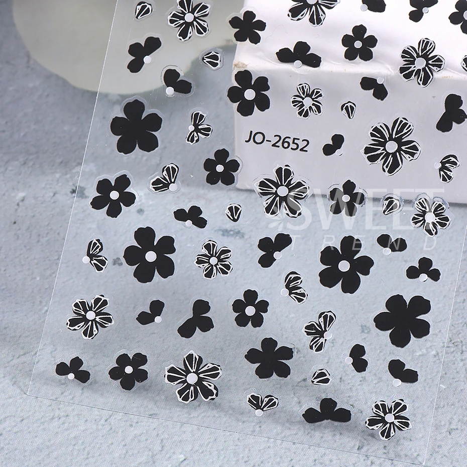 3pcs 3D Black French Flower Nail Stickers Simple Gold Silver Petal Nail Decals Sliders Autumn Manicure Decoration Nail Supplies