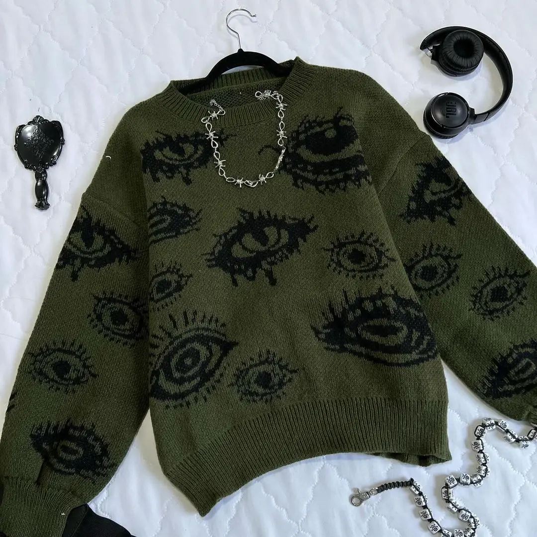 Gothic Punk Oversized Eye Pattern Sweaters for Men and Women Autumn and Winter Thickened Sweatshirts Knitted Sweater Streetwear 2